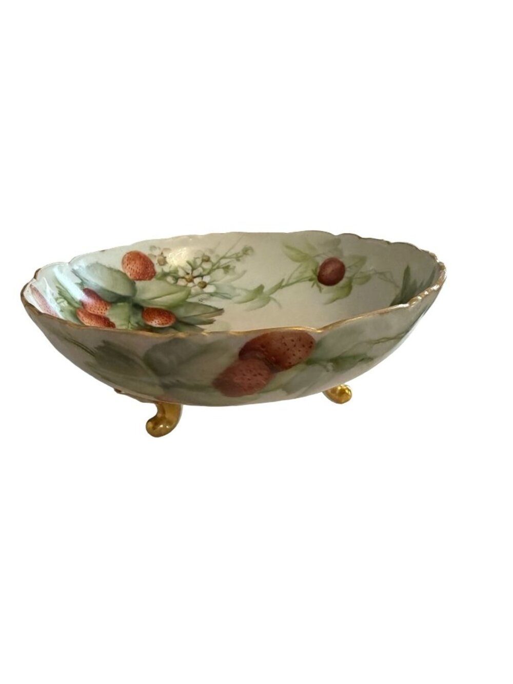 Antique T&V Limoges France Hand Painted Strawberry Footed Bowl Gold 1907-1919